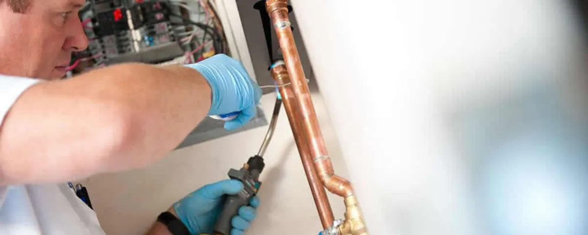 Water heater repair technician testing copper pipe connections and controls in Philadelphia, PA
